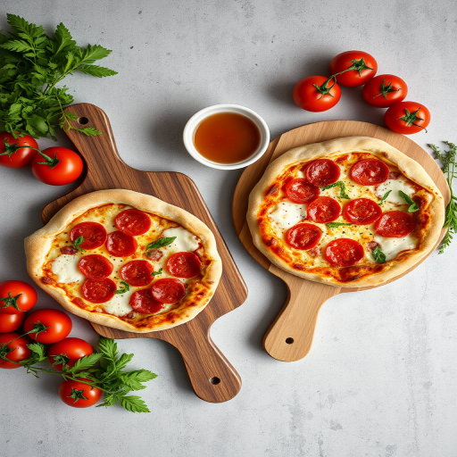 regenerate an image of two pizzas topped with pepperoni and cheese on wooden serving boards, surrounded by fresh tomatoes, a small bowl of dipping sauce, and herbs, captured with a DSLR camera at f/2.8 aperture, ISO 100, 50mm lens, overhead view, natural light for soft shadows and enhanced colors