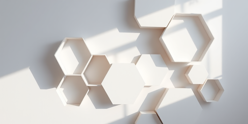 Create a high-resolution image of a minimalist design featuring hexagonal patterns in varying sizes, with soft shadows to enhance depth, shot with a DSLR camera, 50mm lens, aperture f/2.8, ISO 100, under soft, diffused lighting, top-down view.