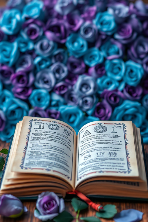 Create a mystical scene featuring an open mystical book with symbols and sketches, set against a textured heart-shaped background made of blue and purple roses, captured with a DSLR camera using a 50mm lens at f/1.8, ISO 100, and 1/60 sec shutter speed, with soft focus and vibrant colors for enhanced depth and clarity.