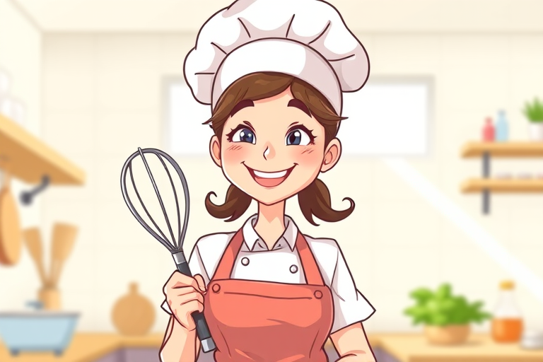 Create a high-quality cartoon illustration of a cheerful female chef with a smile, wearing a chef's hat and apron, holding a whisk, in a bright kitchen setting, captured with a Canon EOS R5 camera using a 50mm lens at f/1.8, 1/125s shutter speed, and ISO 100, with a vibrant color palette and sharp details.