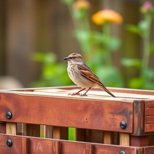 A sparrow perched on a wooden crate in a garden setting, shallow depth of field, natural light, 50mm lens, f/2.8 aperture, ISO 100, captured with a DSLR camera.