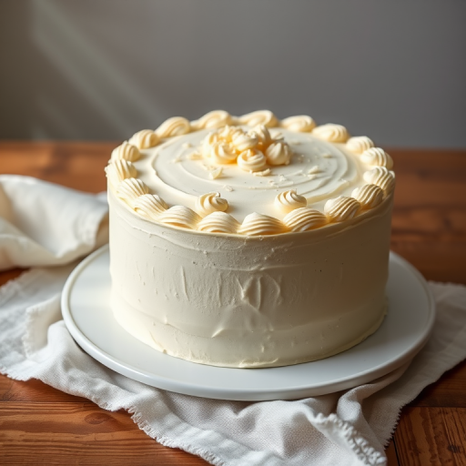 Create an image of a round white cake with smooth icing and decorative swirls on the top and bottom edges set on a white plate on a wooden table with a soft cloth beside it. The cake should have a textured finish on the sides and be topped with small white chocolate shavings. The background should be softly blurred to emphasize the cake.