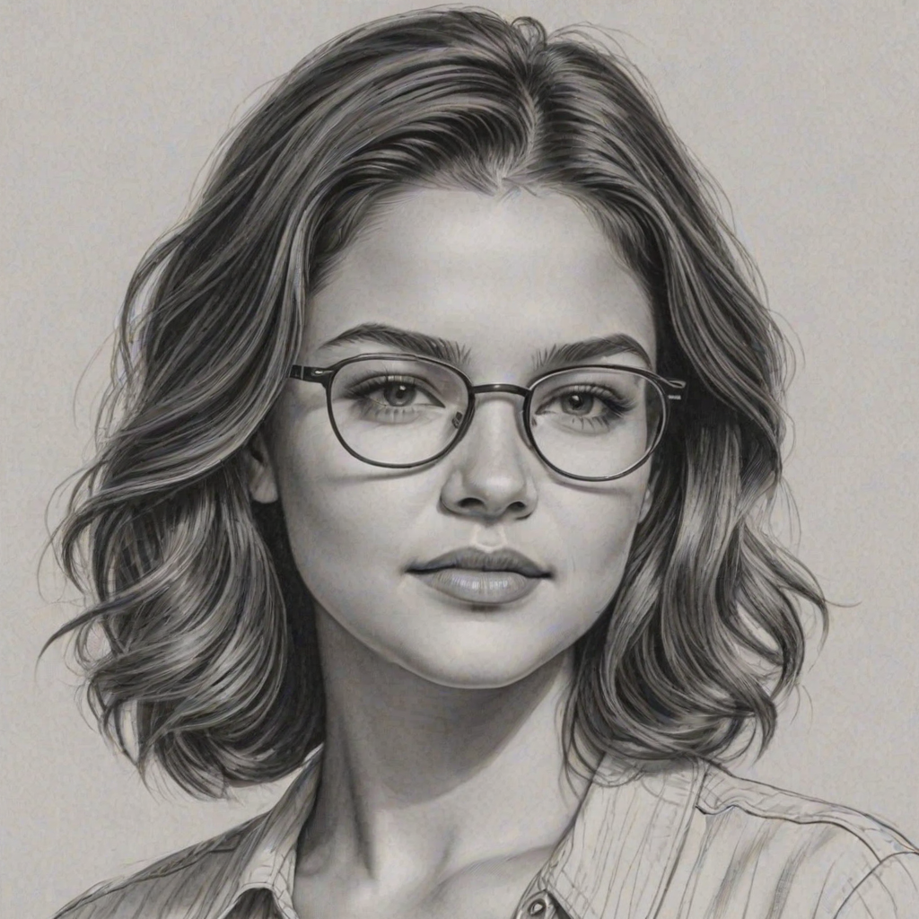 Radiant Danielle Campbell, pencil sketch, portrait of Attractive woman 1935s in glasses, hair style beatnik, outline, clear lines, fine lines, 8k