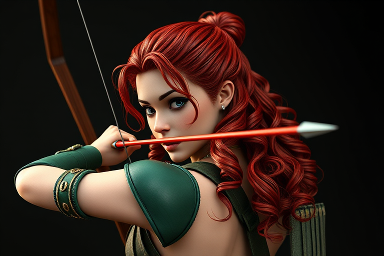 Create a highly detailed 3D rendering of a female archer character with intricate curly red hair and a sleek green outfit, shooting an arrow, captured from a three-quarter rear view, using a Canon EOS R5 with a 50mm f/1.2 lens, aperture set to f/2.8, ISO 100, Shutter speed 1/200s, in a well-lit studio environment to enhance shadows and highlights.