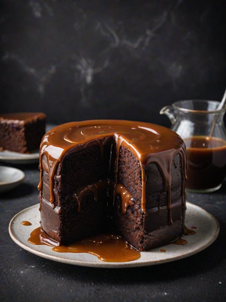 Generate an image of a rich, moist chocolate cake with a slice cut out. The cake is topped with a glossy caramel sauce, and there is a small pitcher of additional caramel sauce beside it. The background is dark and textured, highlighting the cake's shiny surface and inviting appearance.