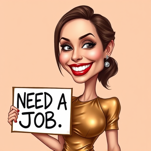 caricature of a smiling Angelina Jolie in a Brass dress or suit, holding up a sign that says "NEED A JOB", no watermark,
