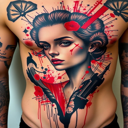 Trash polka style tattoo combining realistic portrait with abstract red and black elements, chaotic yet balanced composition on ribcage