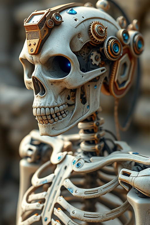 Regenerate an intricately designed futuristic robotic skeleton with intricate mechanical details, vibrant blue accents, and ornate steampunk elements, photographed from a close-up perspective using a full-frame DSLR camera at f/2.8 aperture, ISO 100, 50mm lens, with natural lighting to enhance texture and depth.