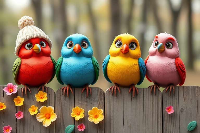 create a scene of 4 quirky  whimsical colourful comical birds each with a funny expression. they are sat on a wooden fence with colourful flowers. they are all different sizes. each one is a different colour  one is wearing a woolly hat. Each one has a different quirky google expression and there is a muted background of trees watercolour paintierly style high definition 8k resolution 3D paper mache