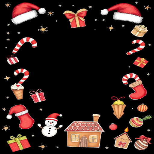 create a festive Christmas-themed illustration featuring hand-drawn holiday icons like Santa hats, candy canes, stockings, gifts, cupcakes, snowmen, candles, gingerbread houses, and ornaments on a black background with white stars, top view, soft focus, digital art style, high resolution