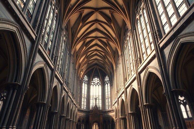 interior of a gothic cathedral with high ceilings, tall arches, and intricate details, soft natural light streaming through large stained glass windows, captured with a Canon EOS R6, 24mm lens, aperture f/4, ISO 100, focal length 24mm, using a wide-angle perspective to emphasize architectural features and light dynamics.
