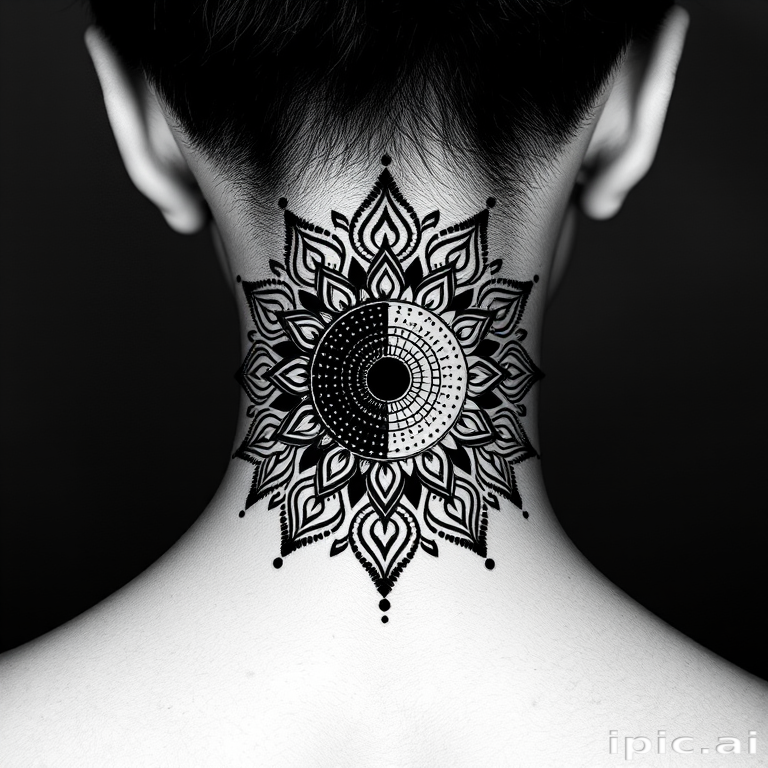 Dotwork mandala sun and moon design on back of neck, intricate patterns created entirely with tiny dots, gradient effect from black to gray
