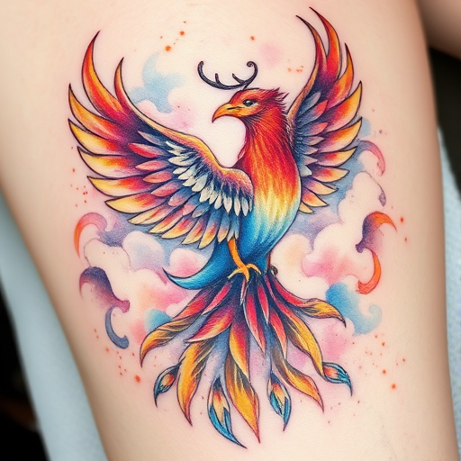 Vibrant watercolor tattoo depicting a majestic phoenix rising from ashes, feathers blending into swirling clouds, intricate details in soft pastels and bold oranges, ethereal and dreamlike quality