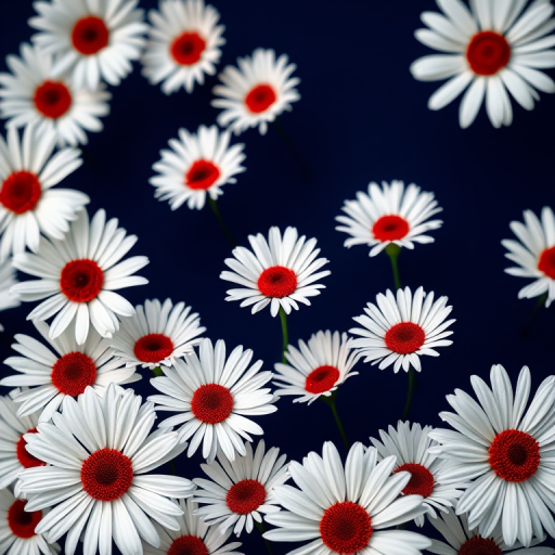 Generate a vibrant pattern of white daisies with red centers against a deep navy background, using a Canon EOS R5 camera with a 50mm f/1.8 lens, aperture set to f/4, ISO 100, and a shallow depth of field for sharp details and blurred background.