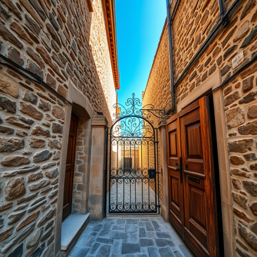 Regenerate an image of a charming stone alleyway with a rustic wooden door and an ornate wrought-iron gate, bright blue sky above, taken with a DSLR camera, HDR mode, 24mm lens, f/8 aperture, ISO 100, natural lighting.