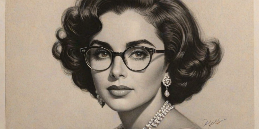 Fascinating Elizabeth Taylor, pencil sketch, portrait of Attractive woman 1924s in glasses, hair style beatnik, outline, clear lines, fine lines, 8k