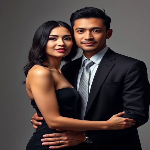 Create a portrait of a couple in a sophisticated studio setting, with the woman wearing a black strapless dress and the man in a formal suit and tie, using a Canon EOS 5D Mark IV, 85mm lens, f/1.8 aperture, ISO 100, with softbox lighting to enhance details and create a dramatic effect.