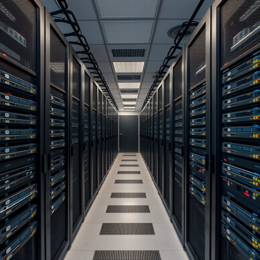high-resolution image of a data center with neatly organized server racks, overhead view, soft diffused lighting, aperture f/2.8, ISO 100, shutter speed 1/125 sec, DSLR camera, wide-angle lens