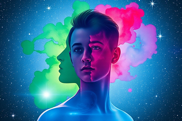 Create a vivid watercolor illustration of two overlapping human profiles in vibrant colors (green, pink, blue) against a starry cosmic background, using a 50mm lens, f/1.8 aperture, ISO 100, long exposure for enhanced light effects, captured with a full-frame DSLR.