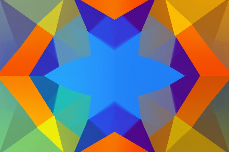 Create a high-resolution image of an abstract geometric pattern with vibrant colors, using a DSLR camera with a 50mm lens, aperture f/1.8, ISO 100, and a top-down view for enhanced clarity and depth.
