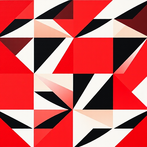 Create a vibrant geometric pattern featuring bold red, black, and white triangles and shapes, captured with a Canon EOS R5 at f/8, ISO 100, 1/60s, in a flat lay style for a clean, high-resolution effect.