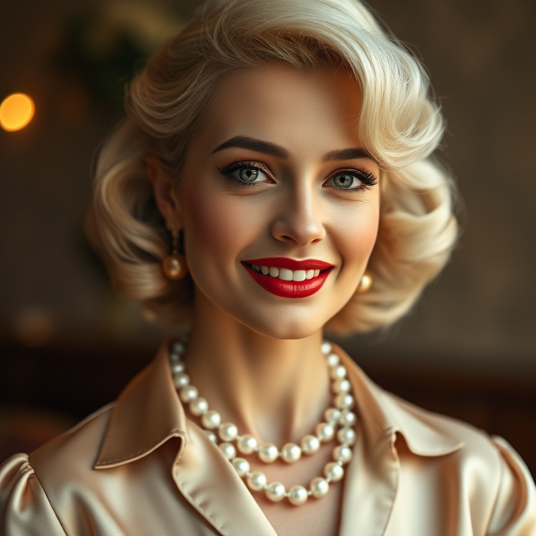 A beautiful Sephardic woman reminiscent of 1950s Hollywood glamour, with perfectly styled blonde hair and a seductive smile, dressed in a satin blouse and adorned with pearls, soft and warm tones, photorealistic, 8K