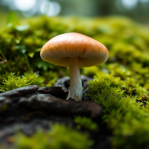 Close-up photograph of a single mushroom on a piece of wood with lush green moss in the background, using a macro lens at f/2.8, ISO 100, 1/200s, soft natural lighting, shot with a DSLR camera from a low angle to emphasize the mushroom's texture and details.