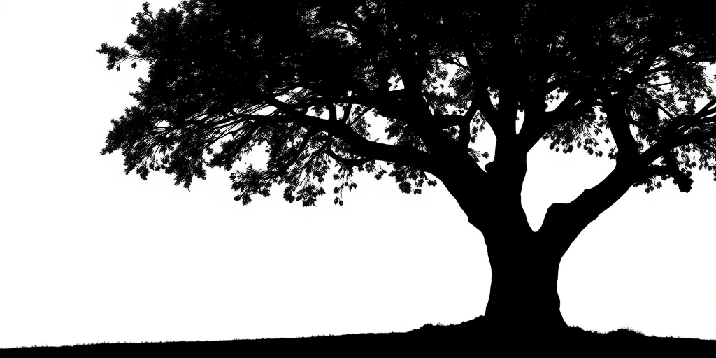 Create a highly detailed, high-contrast black silhouette of a tree standing alone on a white background, captured with a Canon EOS R5 camera, 85mm lens, aperture f/4, ISO 100, in natural light, with a slight vignette effect to enhance depth.