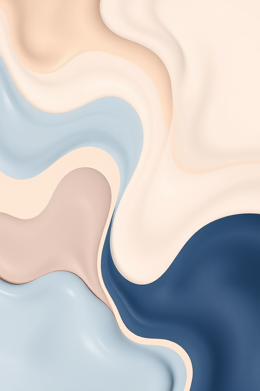 Create an abstract digital background with fluid shapes in soft pastel colors including beige, light blue, and dark navy, using a high-resolution setting of 300 DPI, shot from a top-down view with a Canon EOS R camera and a wide-angle lens, ensuring smooth gradients and vibrant color contrast for enhanced image quality.