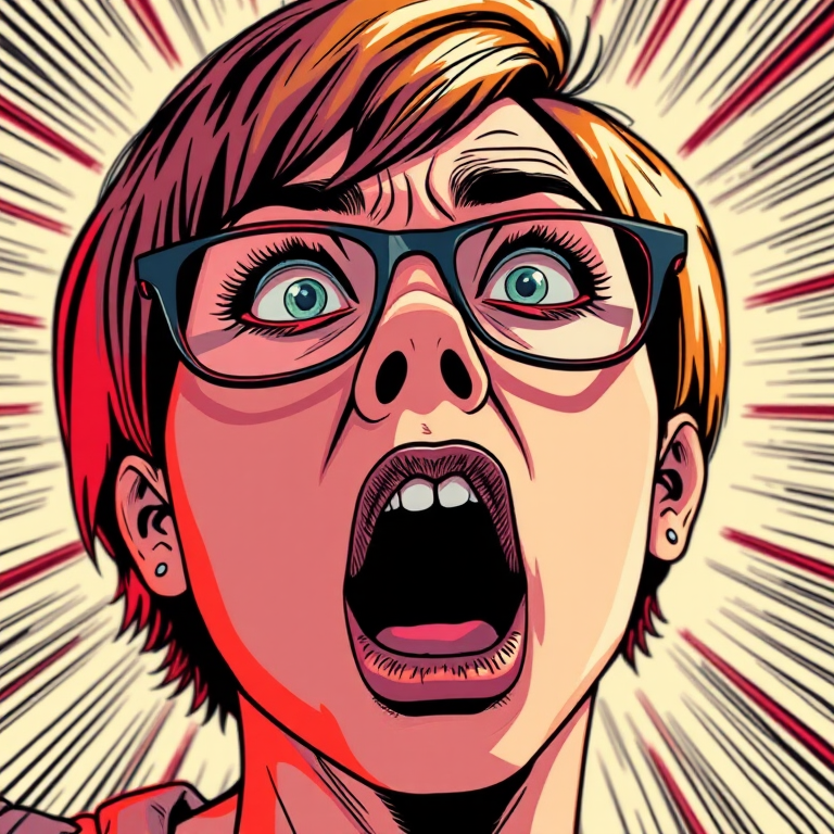 Create a highly detailed illustration of a shocked woman with short hair and glasses, expressive facial features, in a vibrant, comic book style, captured using a DSLR camera at f/2.8, ISO 100, 50mm lens, dramatic low-angle view, with vibrant colors and bold lines to enhance image quality.