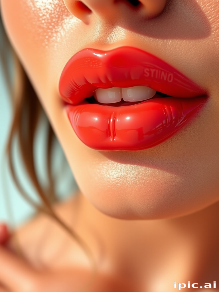 Vibrant coral lips with a glossy finish, showcasing a plump and voluminous appearance, featuring subtle ombre effects and a hint of shimmer, perfect for a summer beach look