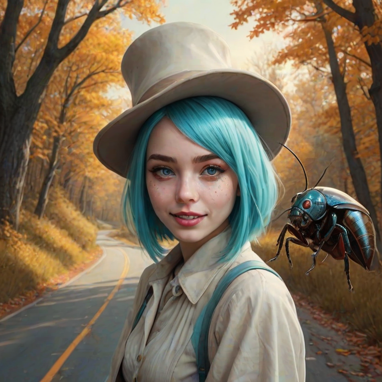 digital art fantasy depicting a strange girl with cyan hair, long eyelashes, white lipstick and a tall hat walking along a winding road on an autumn afternoon, an Cockroach smiles as she passes