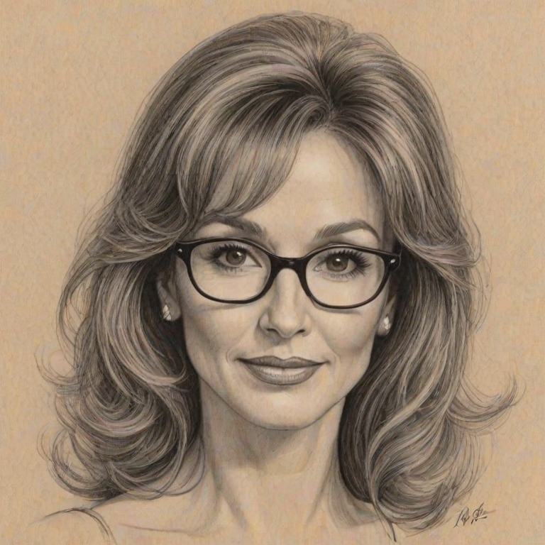 Pleasing Susan Lucci, pencil sketch, portrait of Gorgeous woman 1927s in glasses, hair style beatnik, outline, clear lines, fine lines, 8k