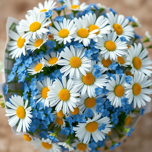 Regenerate a vibrant bouquet of white daisies and blue forget-me-nots, shot with a Canon EOS R5, 50mm lens, f/2.8 aperture, ISO 100, natural lighting, top-down view for enhanced details and clarity.