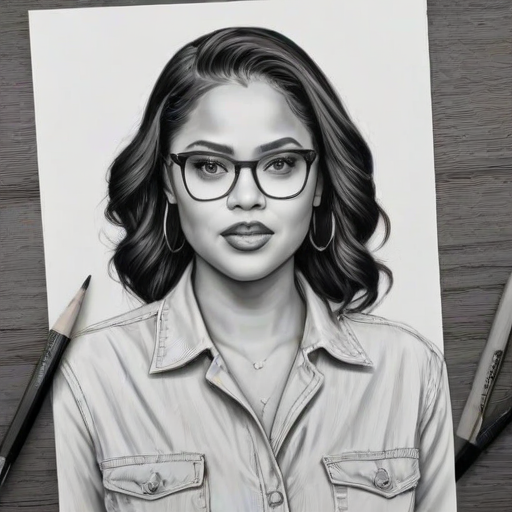 Captivating Ayesha Curry, pencil sketch, portrait of Sublime woman 1946s in glasses, hair style beatnik, outline, clear lines, fine lines, 8k