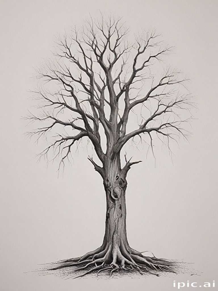 Intricate Black and White Illustration of a Leafless Tree with Gnarled ...