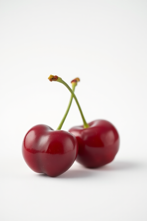 Create a realistic still life image of two cherries on a white background, with soft lighting, using a Canon EOS 5D Mark IV, 50mm lens, f/2.8 aperture, ISO 100, and a shallow depth of field to enhance the focus on the cherries.