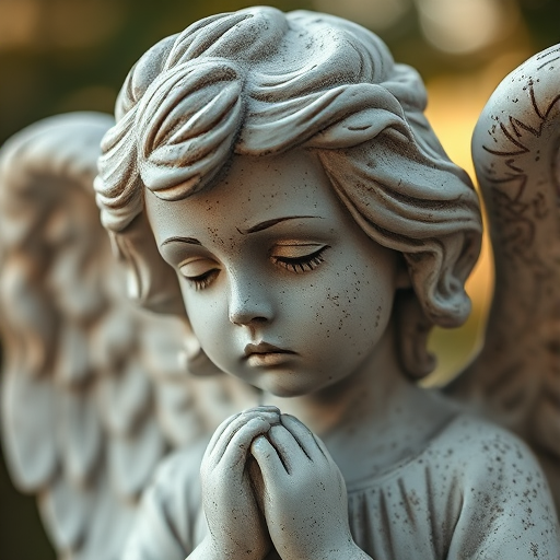 Create a highly detailed close-up of a sorrowful angel statue, captured with a Canon EOS R5 at f/2.8, ISO 100, 50mm lens, with natural soft lighting to enhance textures and expressions.