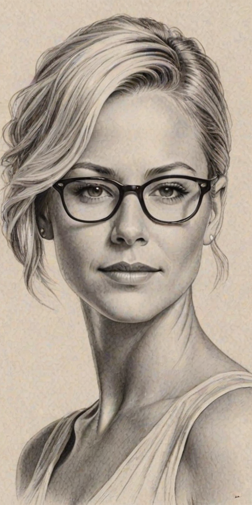 Lovely Brittany Daniel, pencil sketch, portrait of Fascinating woman 1929s in glasses, hair style beatnik, outline, clear lines, fine lines, 8k