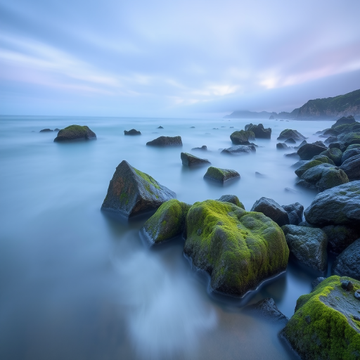 capture a serene seascape featuring moss-covered rocks in a misty atmosphere during twilight with a long exposure of 10 seconds, aperture set to f/16, ISO 100, using a DSLR camera with a wide-angle lens from a low angle perspective to enhance the details of the rocks and the smooth water surface