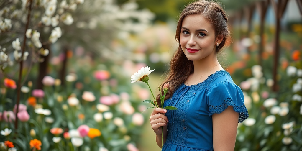 Create a vintage-style portrait of a young woman in a blue dress with lace accents, holding a flower while standing in a blooming garden, shot with a Canon EOS R5, aperture f/1.8, shutter speed 1/200s, ISO 100, in soft natural lighting, using a shallow depth of field to enhance foreground details while blurring the background.
