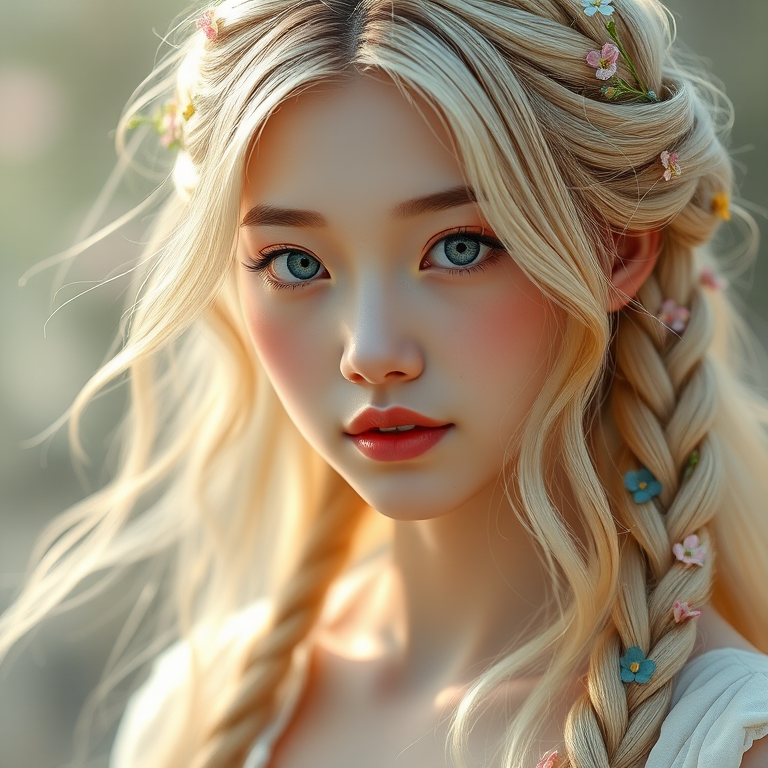 Create an image of a young Chinese woman with long, wavy blonde hair, adorned with small, colorful flowers woven into her braids and loose strands. Her complexion is fair, with soft, glowing skin, and she has light blue eyes that gaze softly at the viewer. She wears a light, flowing dress with a gentle, ethereal quality, complementing her delicate and serene appearance. The background is slightly blurred, drawing focus to her tranquil expression and the intricate details of the flowers in her hair. The overall mood of the image is one of natural beauty and grace, evoking a sense of peacefulness and connection with nature.