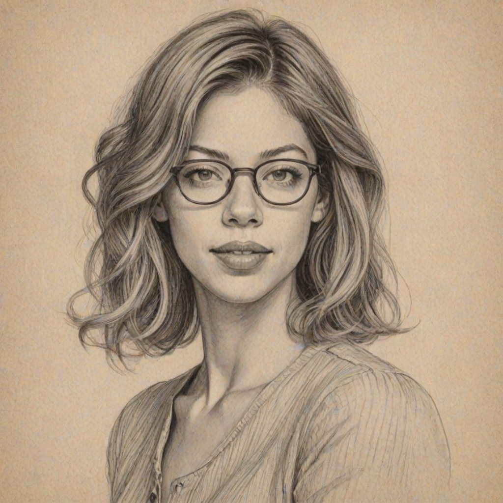 Enchanting Analeigh Tipton, pencil sketch, portrait of Delightful woman 1934s in glasses, hair style beatnik, outline, clear lines, fine lines, 8k
