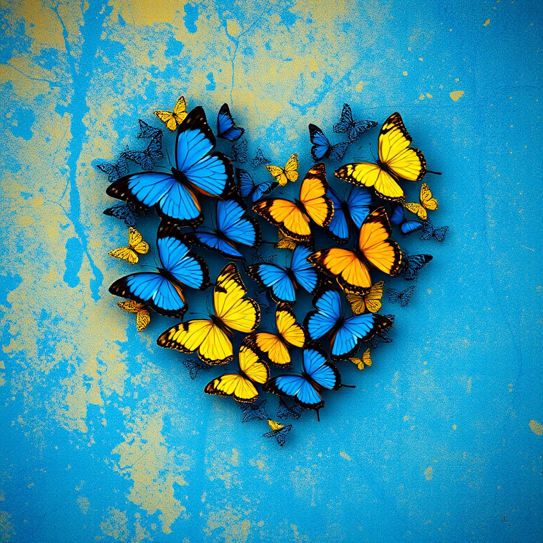 A heart shape filled with blue and yellow butterflies against a textured blue and yellow background, shot with a Canon EOS R5, 50mm lens, f/1.8, ISO 200, in natural light, shallow depth of field for enhanced detail.