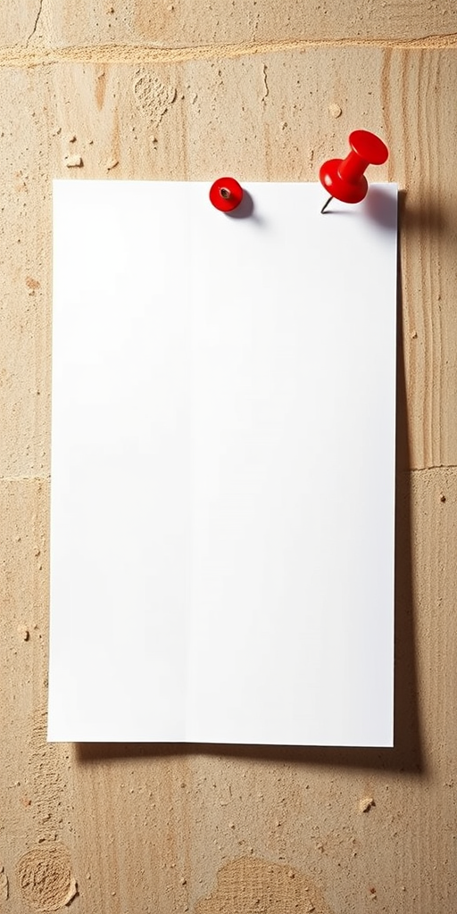 Create an image of a blank white sheet of paper pinned to a textured surface with a red pushpin, using a DSLR camera with a 50mm lens, aperture set at f/2.8, ISO 100, natural lighting, top-down view, emphasizing shadows and details for enhanced realism.