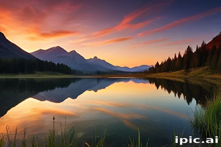 Serene Sunset Over Mountains Reflected in a Tranquil Lake Landscape