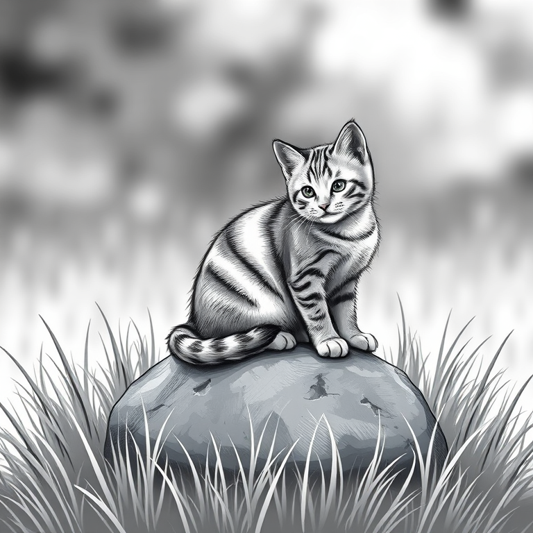 Create a high-resolution black and white illustration of a cute cat sitting on a rock surrounded by grass, using a DSLR camera with a 50mm lens, f/2.8 aperture, ISO 100, and a soft focus background effect to enhance detail and clarity.
