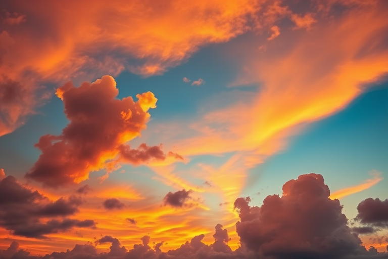 create a stunning sunset scene featuring a glowing heart shape made of clouds in the sky, vibrant oranges and blues, shot with a DSLR camera at f/2.8 aperture, ISO 100, 24mm lens, with a wide-angle view to capture the expansive sky and clouds, using a high dynamic range technique for enhanced detail and color depth.