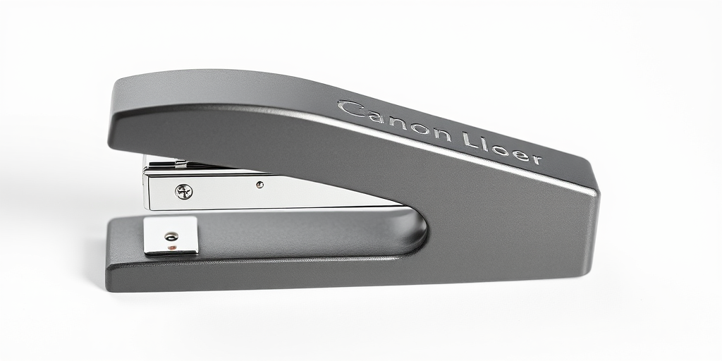 create a high-resolution image of a sleek, modern stapler on a clean white background, using a Canon EOS R5 camera with a 50mm f/1.2 lens, aperture set to f/2.8, ISO 100, shot from a slightly elevated angle to emphasize the design and texture.