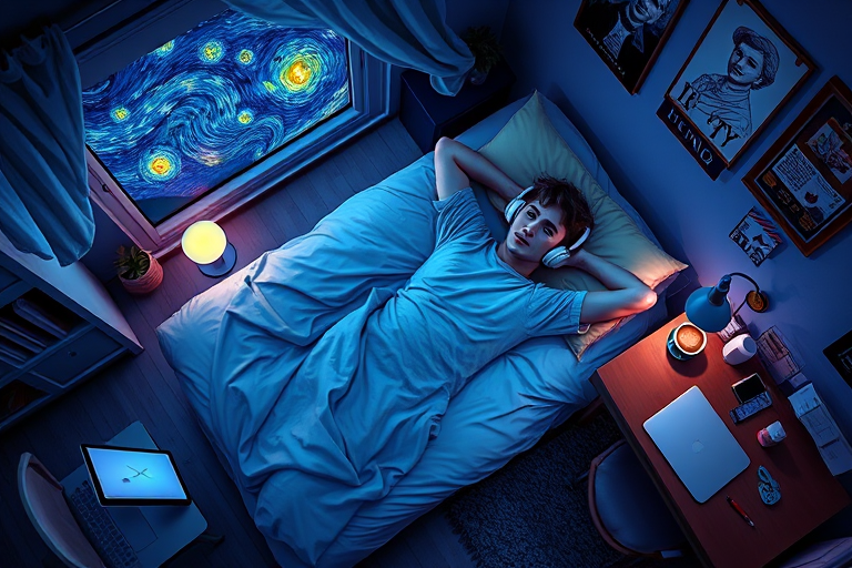 A top-down Van Gogh-style painting of a young man lying on his bed, listening to music with headphones. The room is softly lit with deep blues and purples, creating a peaceful nighttime atmosphere. The bed has a soft pillow, and the man's arms are resting behind his head. Around the bed, various glowing gadgets such as a smartphone, a laptop, and a small lamp are visible, casting a gentle light. The rest of the bedroom includes a desk with books, a chair, and a small rug on the floor. A window near the bed reveals a starry night sky with swirling stars, reminiscent of Van Gogh's 'Starry Night.' On the desk, there is a sketchbook with colorful drawings, a cup of coffee steaming gently, and a small potted plant. The walls have posters of famous paintings and a corkboard with pinned notes and photos. The scene is full of dynamic, swirling brushstrokes, capturing the essence of Van Gogh's unique style. The overall mood is serene and contemplative, with a touch of artistic inspiration.
